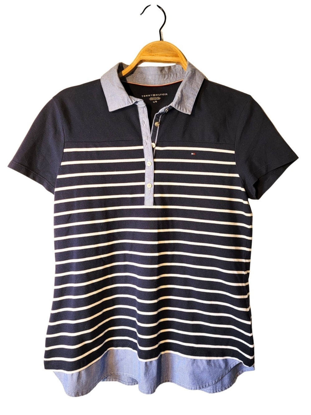 Women's Tommy Hilfiger Navy and White Striped Polo Shirt With Chambray Trim Sz L